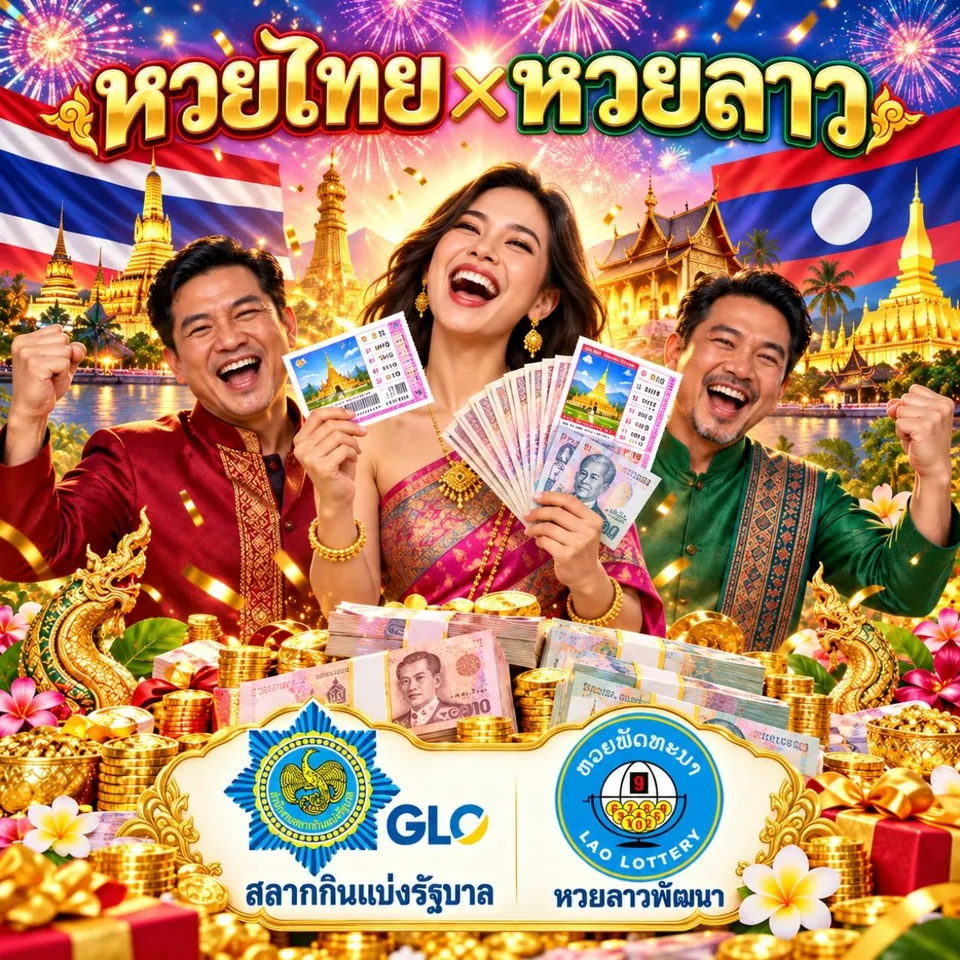 ภาพประกอบหวยไทยและหวยลาว พร้อมผู้ใหญ่สามคน ธง และข้อความภาษาไทย